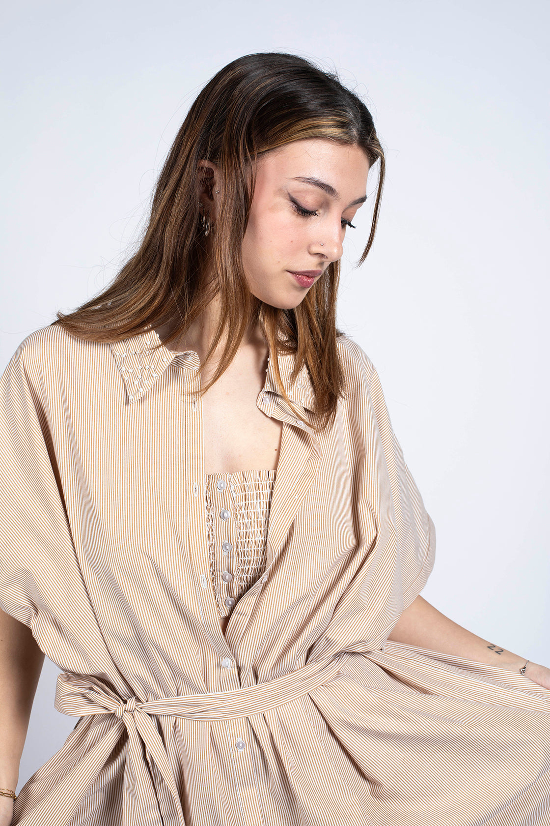 robe chemise mi-longue glam beige avec ceinture/top en coton biologique certifié eco vero