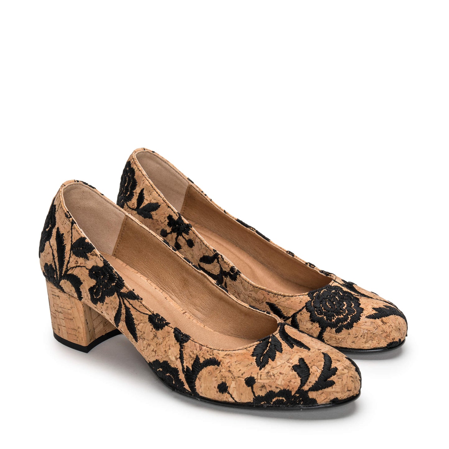 Vegan Mid-Heel Pump Decolletage on Organic Embroidered Cork Breathable Lined | NAE