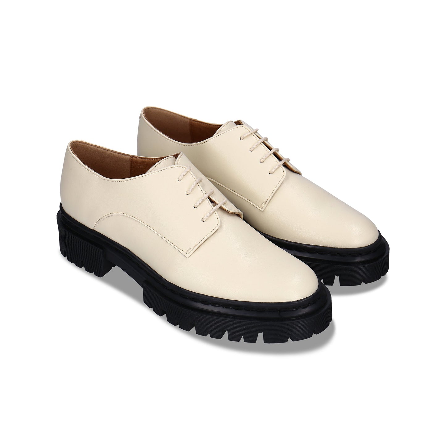 Women white vegan derby shoes flats lace up with black rubber ridged sole | NAE