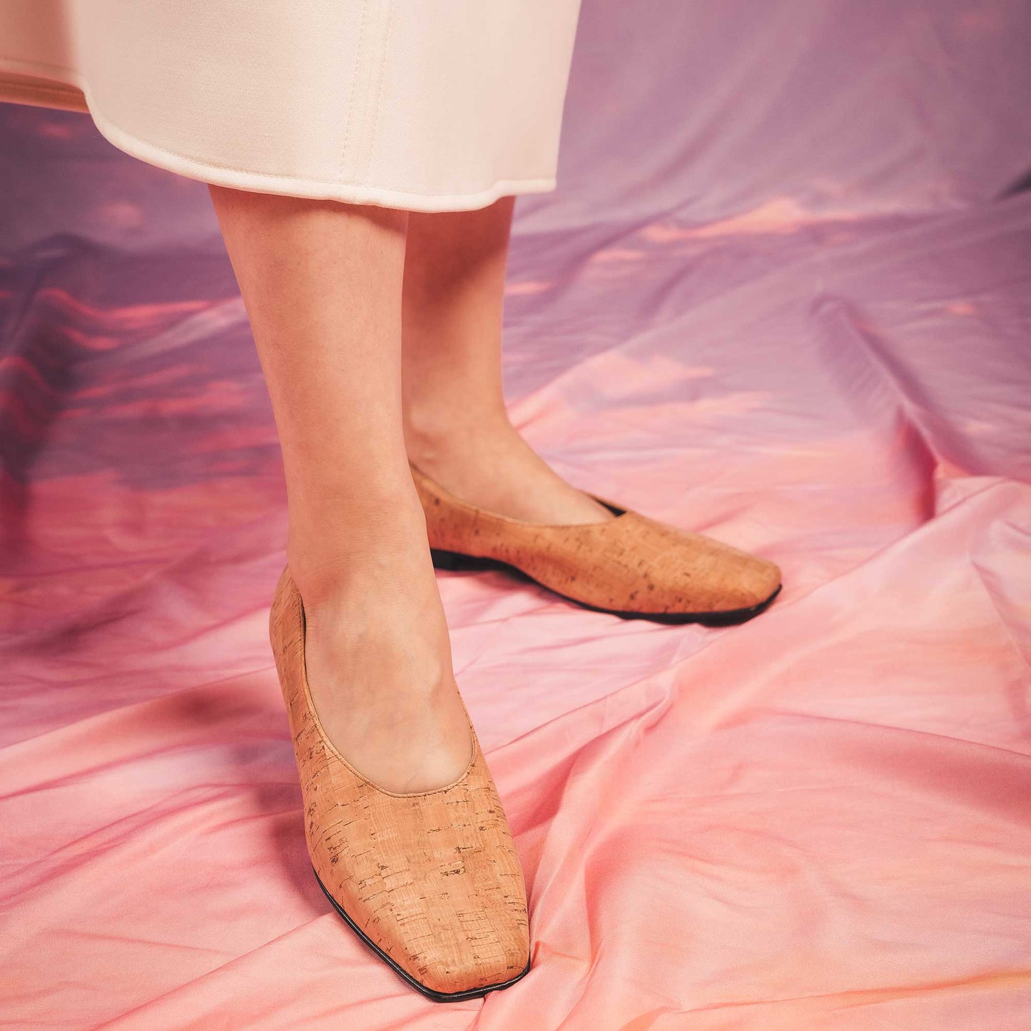 Women vegan ballerinas shoes crafted from cork wearing summer dress | NAE Vegan Shoes