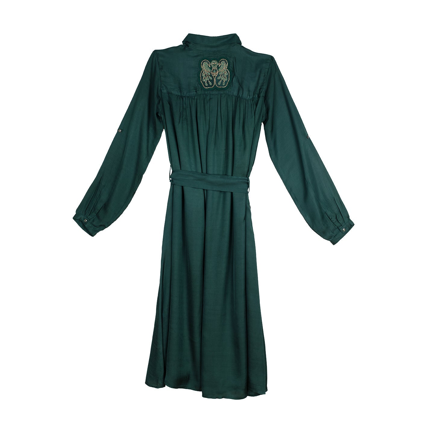 robe longue verte fluide en fibre de pétales de roses avec broderie artisanale au dos