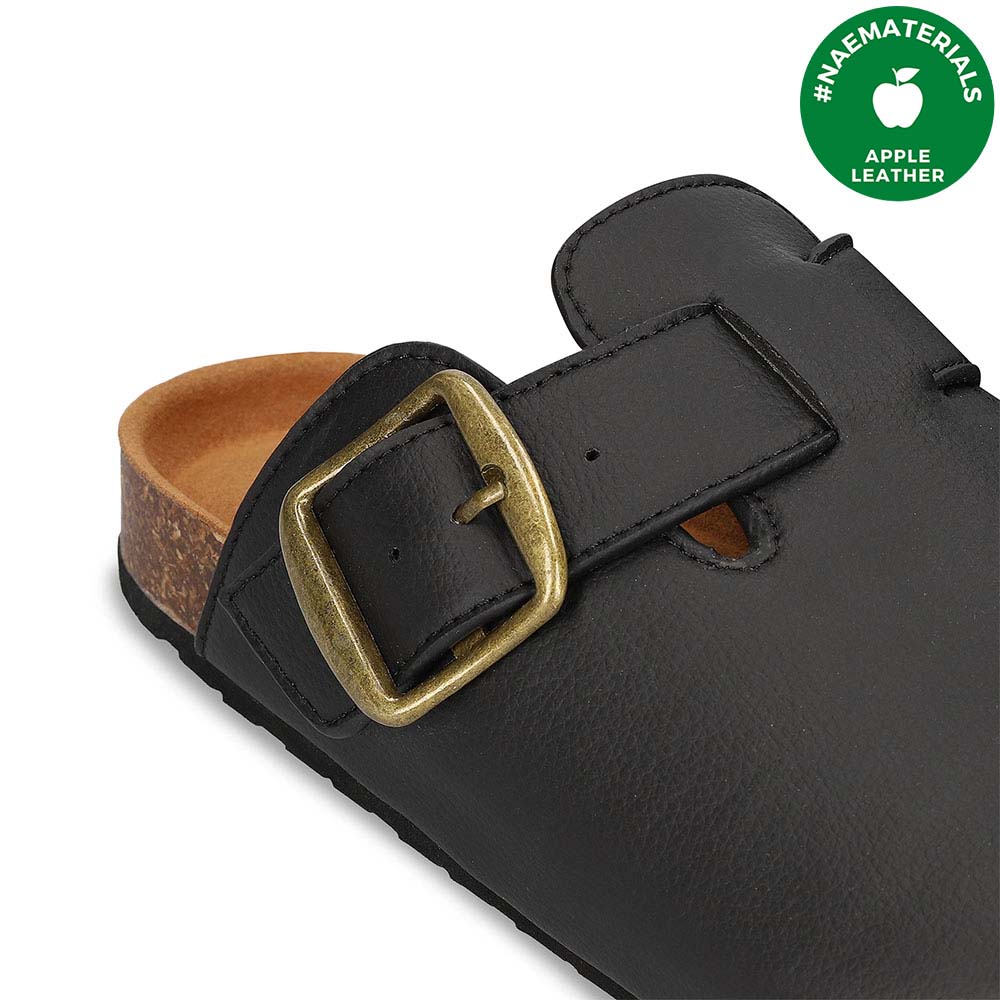 Vegan black mules crafted from Apple Leather with golden buckle | NAE Footwear