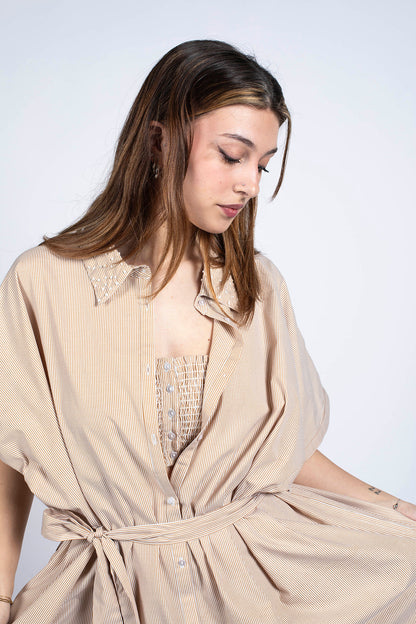 robe chemise mi-longue glam beige avec ceinture/top en coton biologique certifié eco vero