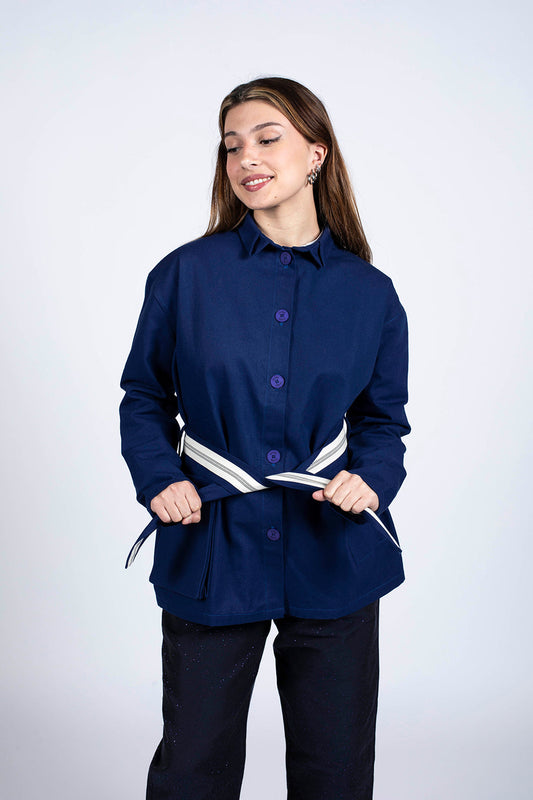 veste japonaise bleue cintré à la taille coton upcyclé made in france