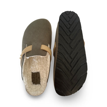 Vegan slippers clogs padded flats unisex organic cotton cork microsuede green