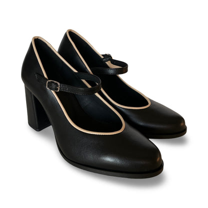 vegan shoe buckle strap beige trim apple leather round toe