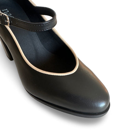 Chaussures talons noires femmes véganes Mary Jane bordure beige Apple Leather