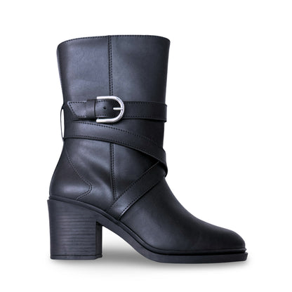 Damenstiefel aus veganem Leder in Schwarz, halbhoch, mit verstellbarem Riemen und Schnalle, Reißverschluss