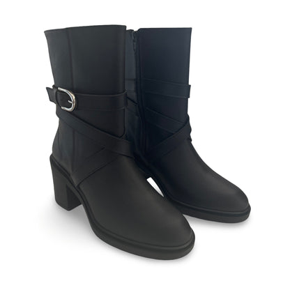 Women vegan mid-calf boots black microfiber heels adjustable strap buckle zipper